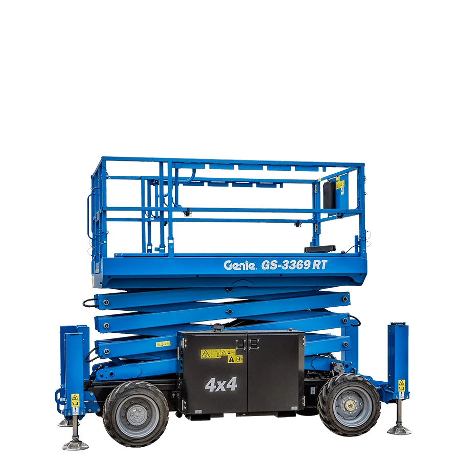 Genie GS-3369 RT rough terrain scissor lift, three quarter view — view 3, available for hire from Equip Hire in Sydney.