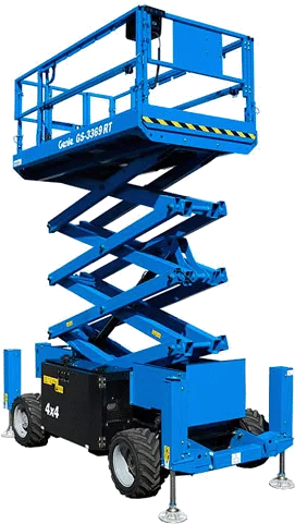 Genie GS-3369 RT diesel rough terrain self-levelling scissor lift, three quarter view, available for hire from Equip Hire in Sydney.